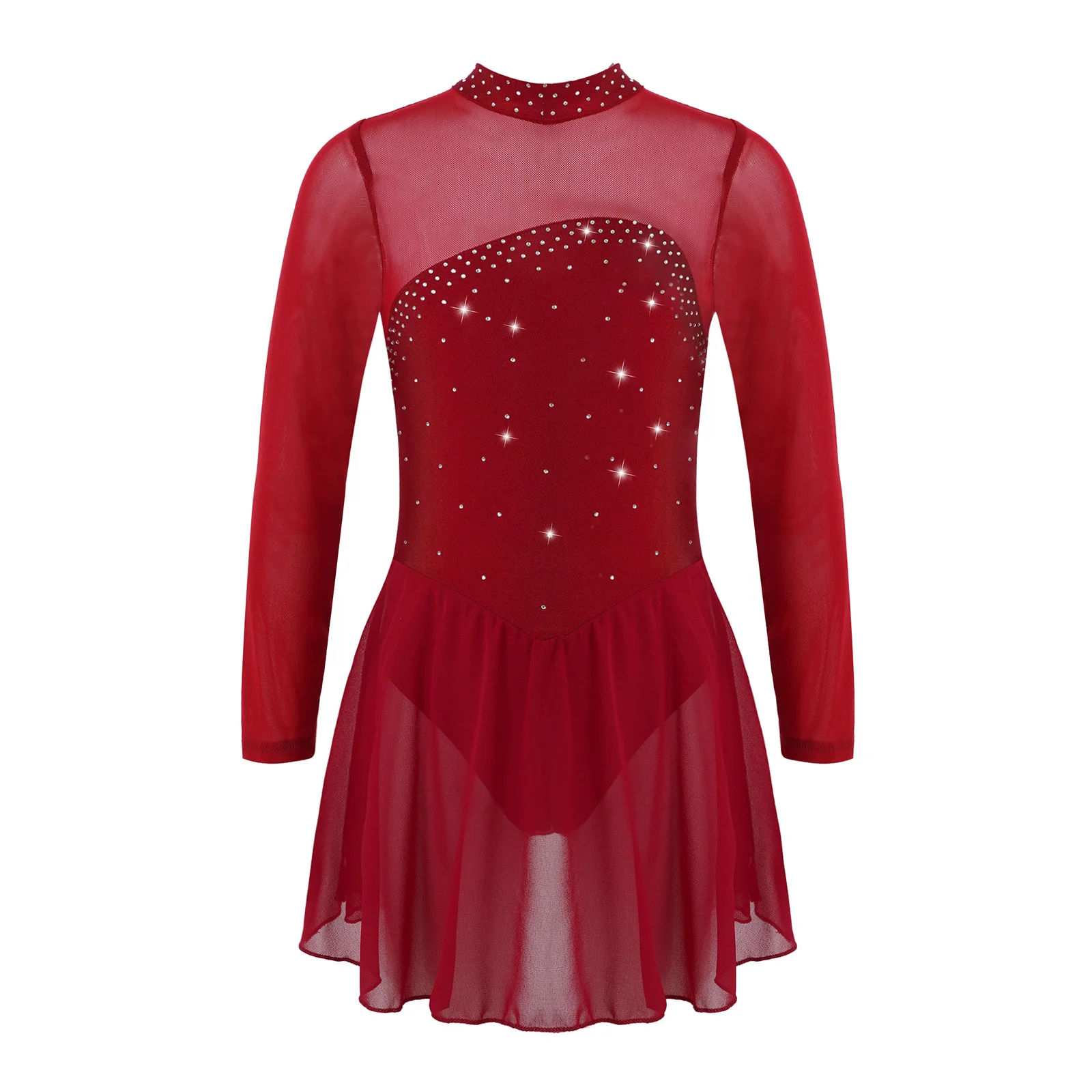 

Kids Girls Shiny Rhinestone Long Sleeve Figure Ice Skating Dress Ballet Dance Dress Tutu Gymnastic Leotard Competition Costume