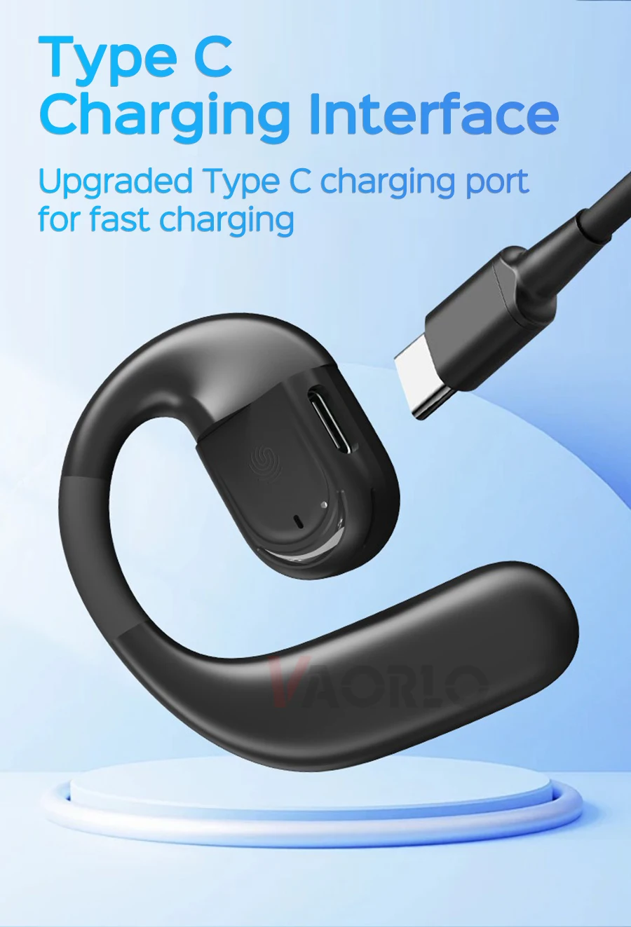 VAORLO Ear-hook Bluetooth 5.4 Business Earphone 180° Rotation Open Ear Headset With Mic Long Battery Life HiFi Stereo Headphone
