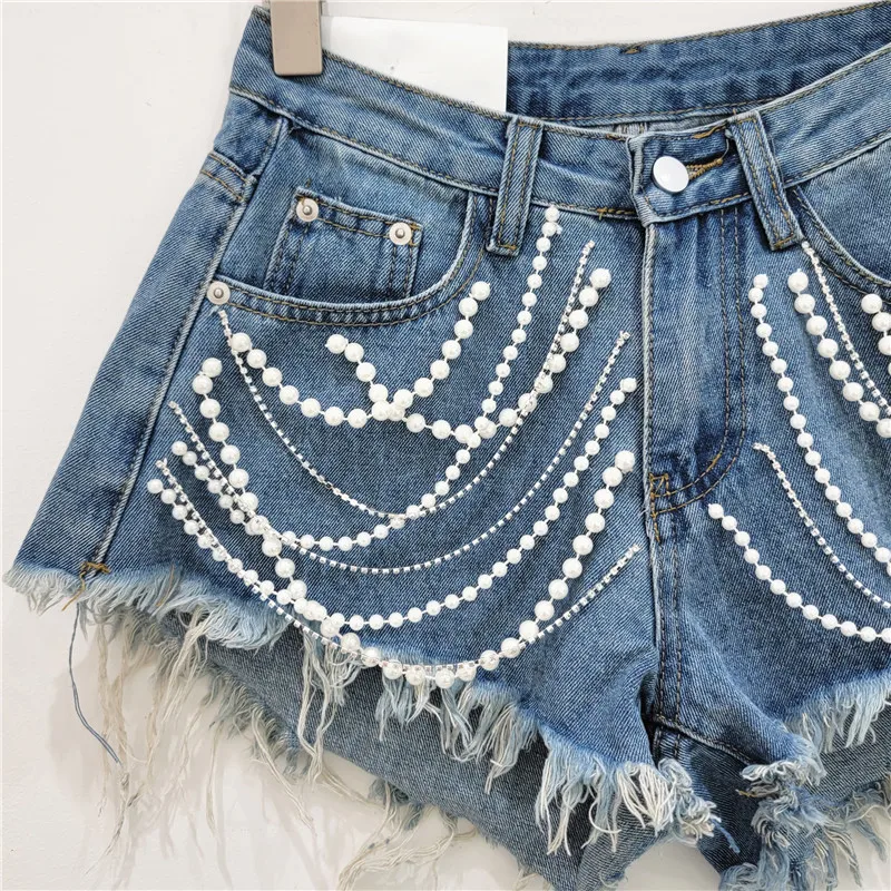 Denim Shorts Women's Summer New High Waist Figure Flattering Heavy Industry Rhinestone Tassel Burr Wide Leg Short Pants