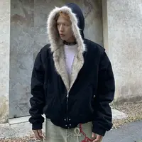 American Retro Woolen Collar Hooded Cotton Jacket Winter Thick Plush Top Men Street Hip-Hop Gothic Harajuku Oversize Jacket Coat 2