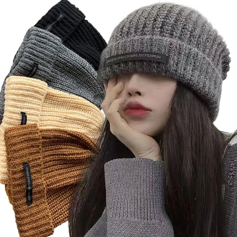 

Simple Winter Woolen Knitting Bonnet Solid Colors Fashion Women Warm Cap Ins Versatile Skullcap Autumn Beanies for Lady New Hat