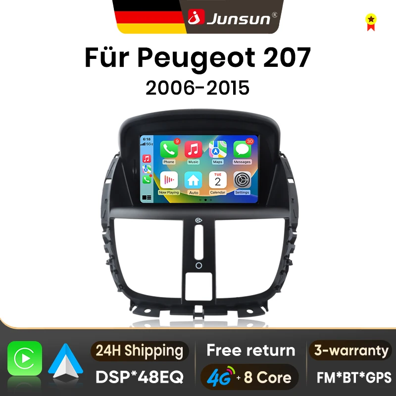 Radio para coche Junsun de 7 pulgadas con Android para Peugeot 207 207CC 2006-2015, inalámbrico para Apple CarPlay, pantalla táctil IPS, reproductor multimedia estéreo, sistemas inteligentes para automóvil, 2 Din, autorradio, unidad principal, navegación GPS, BT, 4G, WIFI, FM, AM, DSP, RDS, SWC, DAB+ 1