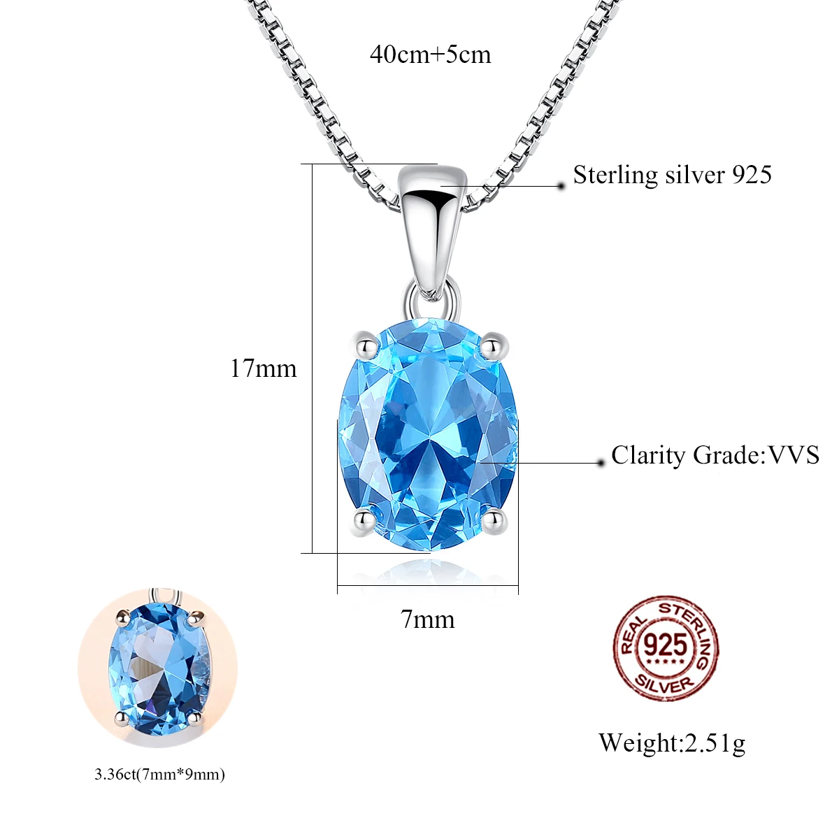 Synthetic Sky Blue Topaz  Sterling Silver Necklace For Women Classic Oval Stone Pendant Chian Wedding Fine_voghion.com