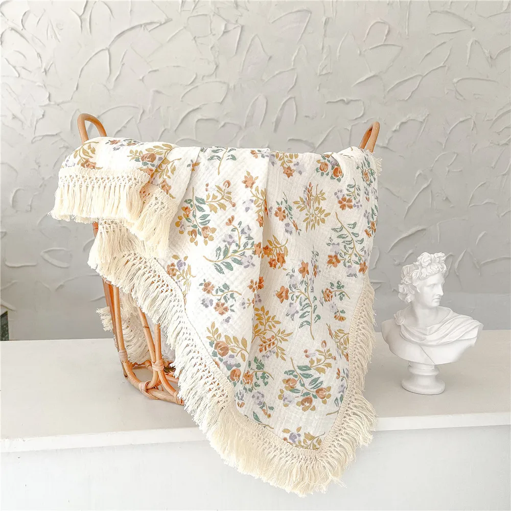 1749B Baby Blanket 100% Cotton Crepe Printed Tassel Blanket Towel