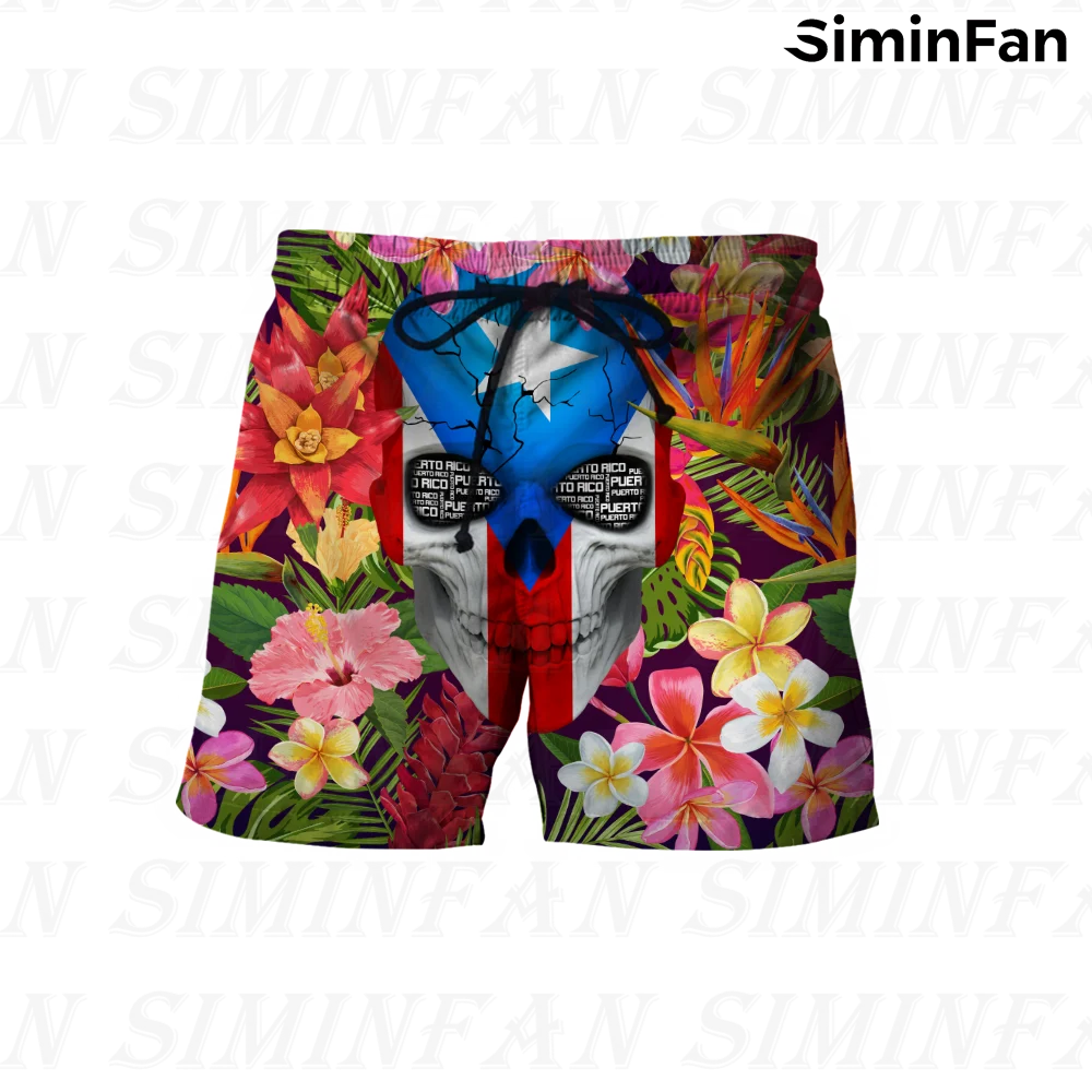 

Mens Summer Casual Shorts Puerto Rico Floral Skull 3D Printed Beach Pants Elastic Waist Baggys Unisex Harajuku Sportswear