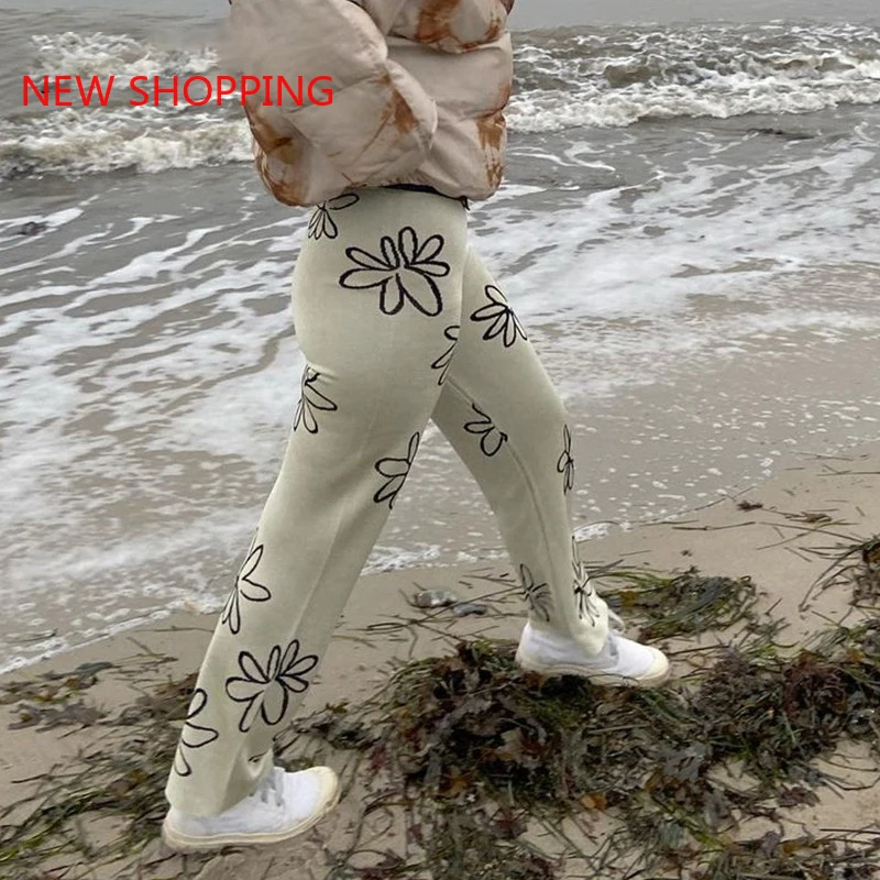 Vintage Floral Print Knitted Pants Y2K Women 2000s Aesthetic Straight Trousers Korean 90s Retro Pants 2024 Streetwear Harajuku