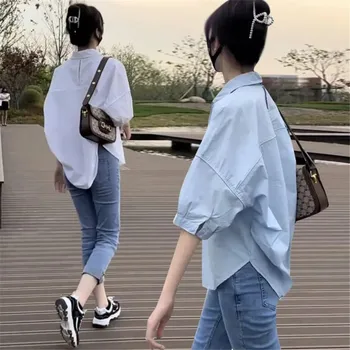 Summer Shirt Women Blouses 2024 New Mid-sleeve Loose Y2k Chic Clothes Fashion Irregular Shirts Korean Ladies Casual Vacation Tos 1