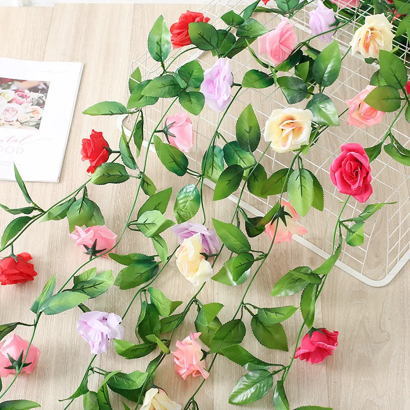 1pcs 2.4m Artificial Flowers Vine 9pcs Silk Rose Room Decoration Real