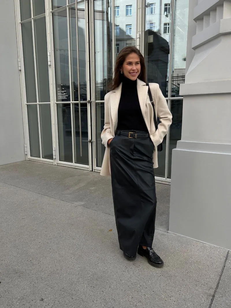 Slit PU Skirts For Women 2025 Spring New Slim Y2K Sheath Skirt Femme Street Solid Casual Fashion Elegant Skirts Womens