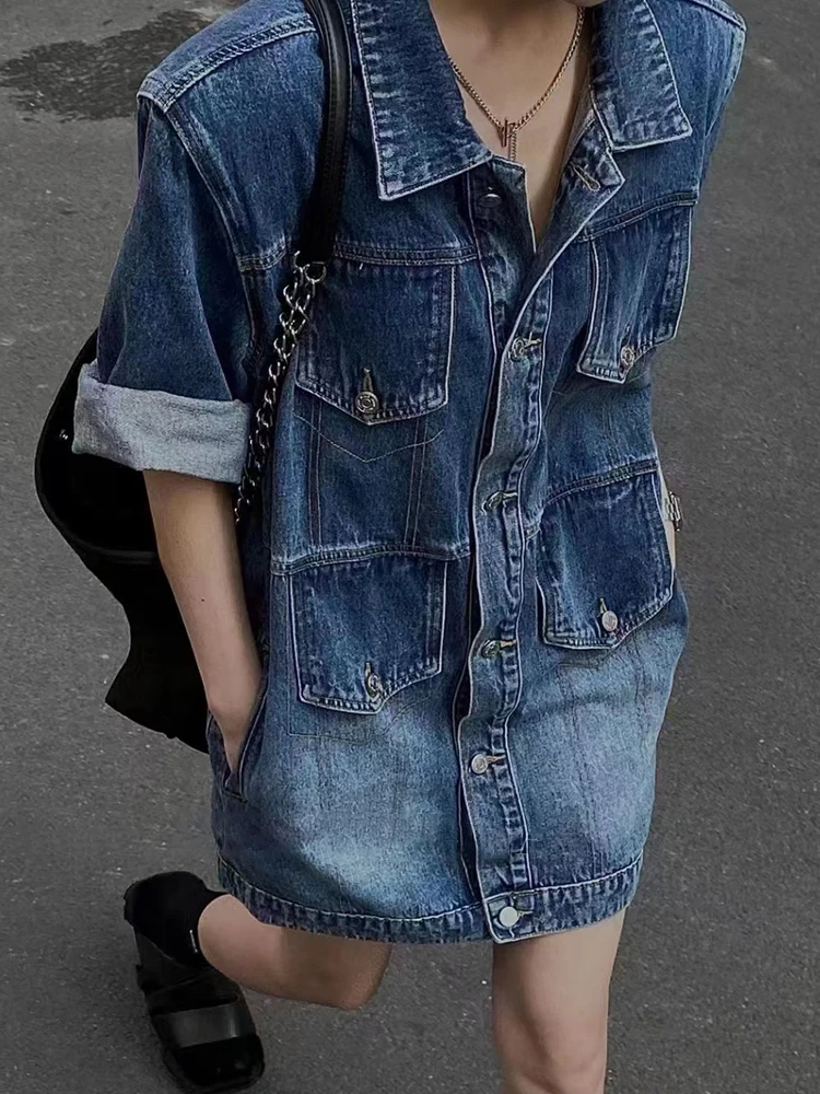 Twotwinstyle retalhos botão denim vestidos para mulher lapela manga longa cintura alta mini sólido vestido de verão moda feminina 2023