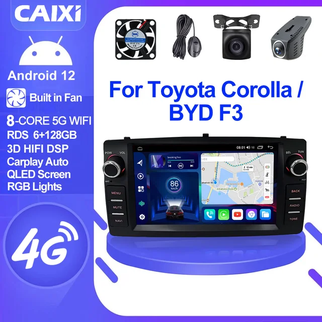 CAIXI 2din Android 12 Wireless CarPlay Android auto Car Radio Multimedia GPS for Toyota Corolla E120 2003-2006 BYD F3 Stereo 4G
