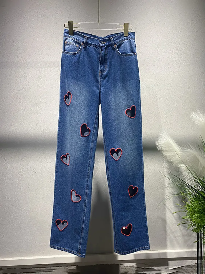 DEAT Women's Jeans High Waist Straight Wide Leg Embroidery Heart