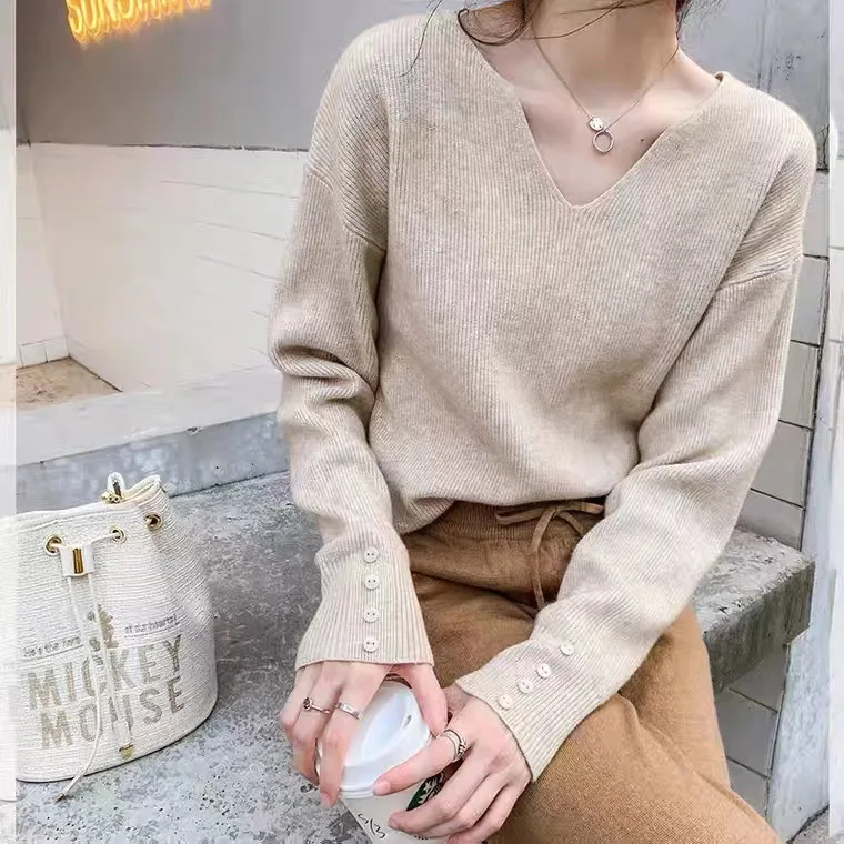 

Autumn Winter Solid Color V-Neck Women's Sweater Korean Fashion Elegant Chic Loose Long Sleeve Top Sueters De Mujer