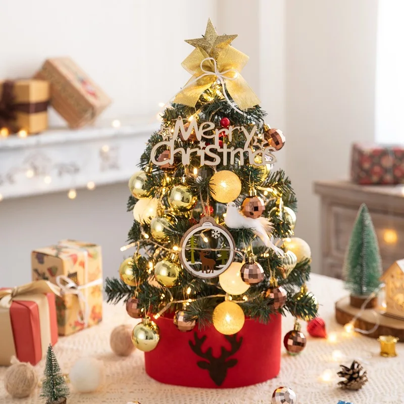 Desktop Mini Christmas Tree Golden Red Ball Flocking with Led Lights for New Year