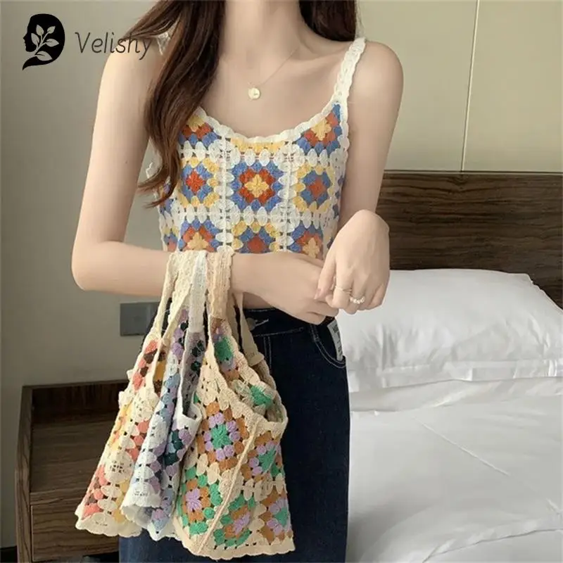 

Women Knitted Hollow Out Embroidery Tank Top Summer Ethnic Style Retro Camisole