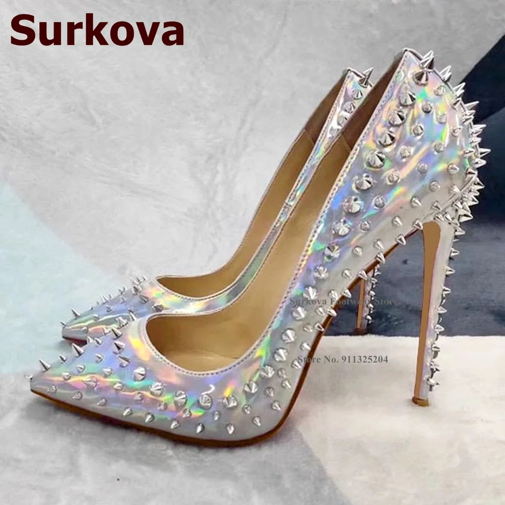 

Surkova Hologram Iridescent Silver Patent Leather Rivets High Heel Shoes 12cm 10cm 8cm Full Spikes Shallow Dress Pumps Size45