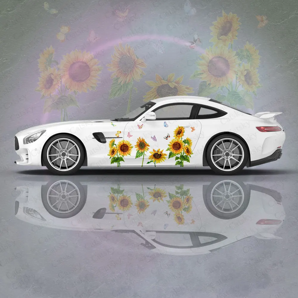 

Sunflower Pattern Yellow Car Graphic Decal Protect Full Body Vinyl Wrap Modern Design Image Wrap Sticker Decorative Car Decal