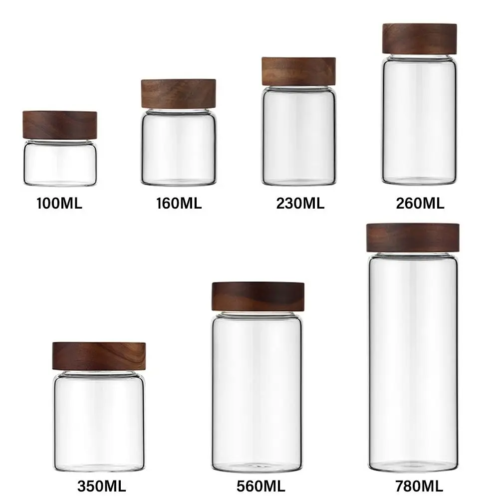 Glass Transparent Acacia Wood Containers With Lids Storage Tank Storage Pots Sealed Can Split Bottle Spice Jars 6