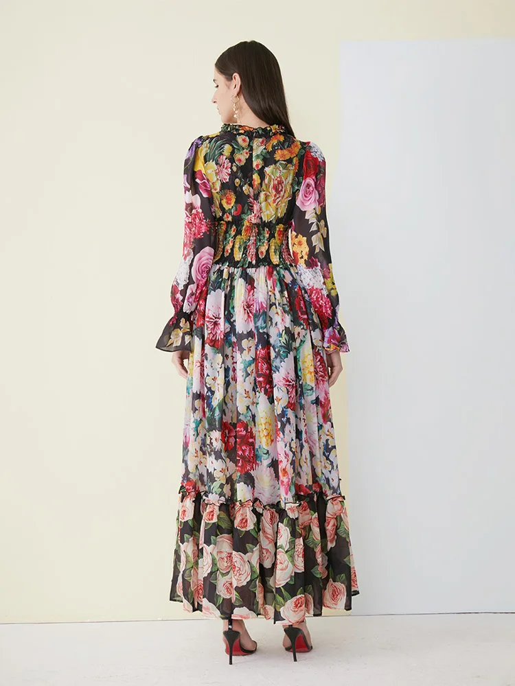 فستان نسائي بأكمام طويلة مطبوع بالزهور ، فستان صيف...