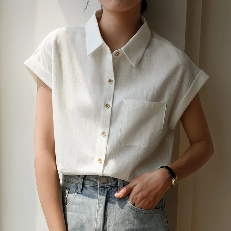 Women's Vintage Cotton Linen One-Pocket Blouse