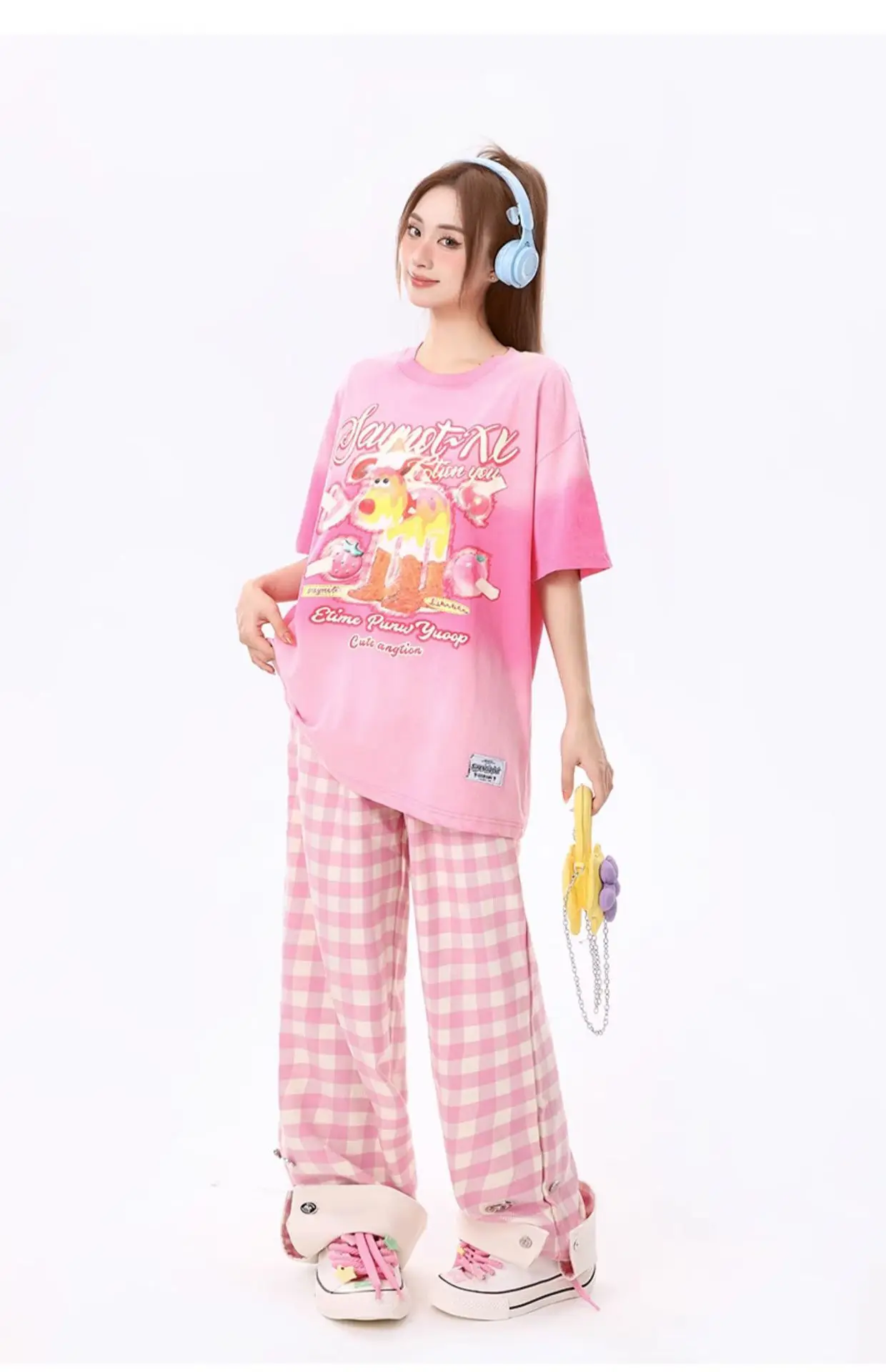 Pink Cute Style Plaid High Waist Casual Trousers Wide Leg Pants 2023 Women's Summer Loose Slimming Straight-leg Long Pants