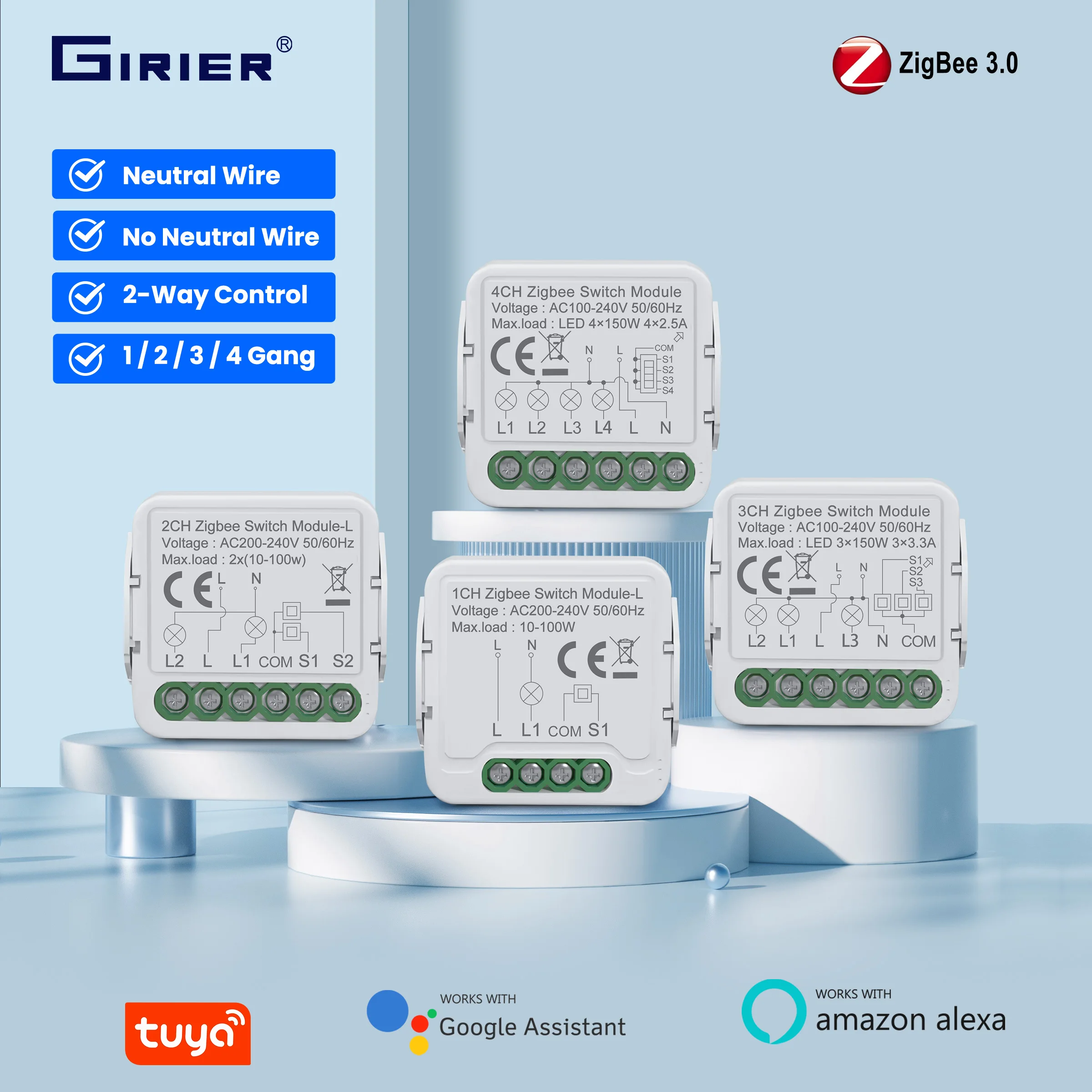GIRIER Tuya สมาร์ท ZigBee โมดูลสวิทช์ Neutral/ไม่มี Neutral Wire ต้องใช้สมาร์ท DIY Light Breaker รองรับการควบคุมสองทาง 1