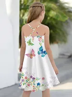 Robe à bretelles spaghetti pour filles, imprimé floral papillon, dos croisé, robe d'été douce pour le printemps, l'été, la plage, les vacances, vêtements pour enfants 2