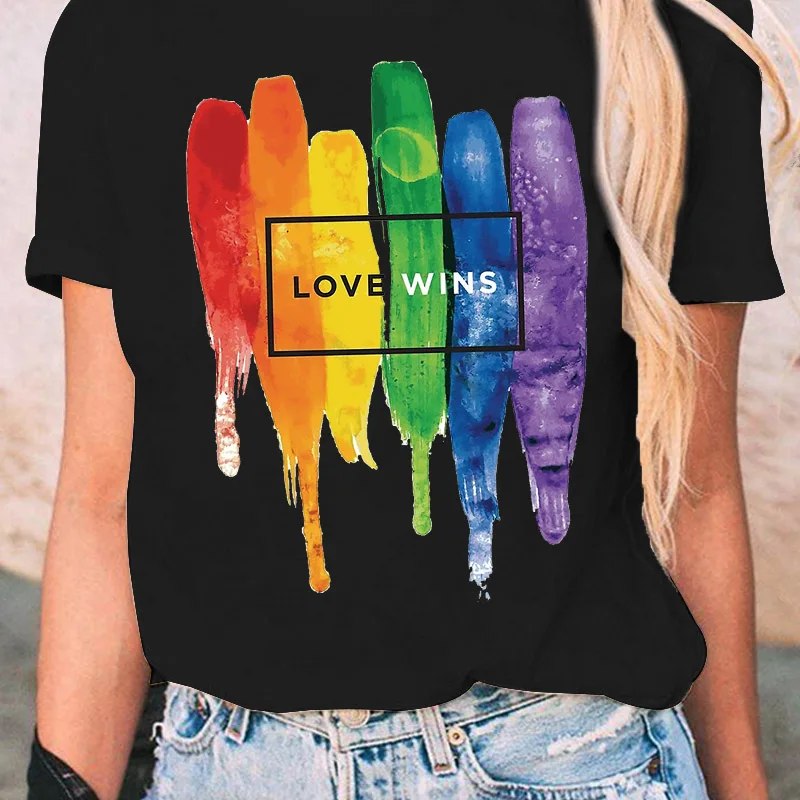 Love is Love Rainbow Graphic T-shirt Lesbian Pride Cartoon T-shirt Lesbian Lady T-shirt Harajuku Top Tee Female