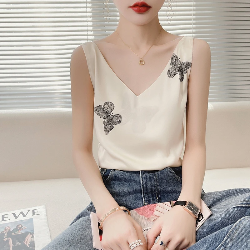

New Summer Satin V-Neck Sleeveless Suspender Vest for Women Butterfly Print Fashion Loose And Simple Top