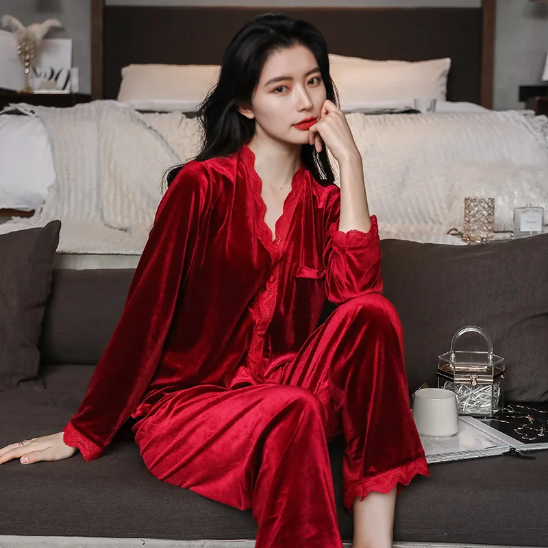 

Autumn Winter Velour Female Pajamas Set Sexy Lace Trim Nightwear Pyjama Pour Femme Loose Casual Velvet Home Clothes Lounge Wear
