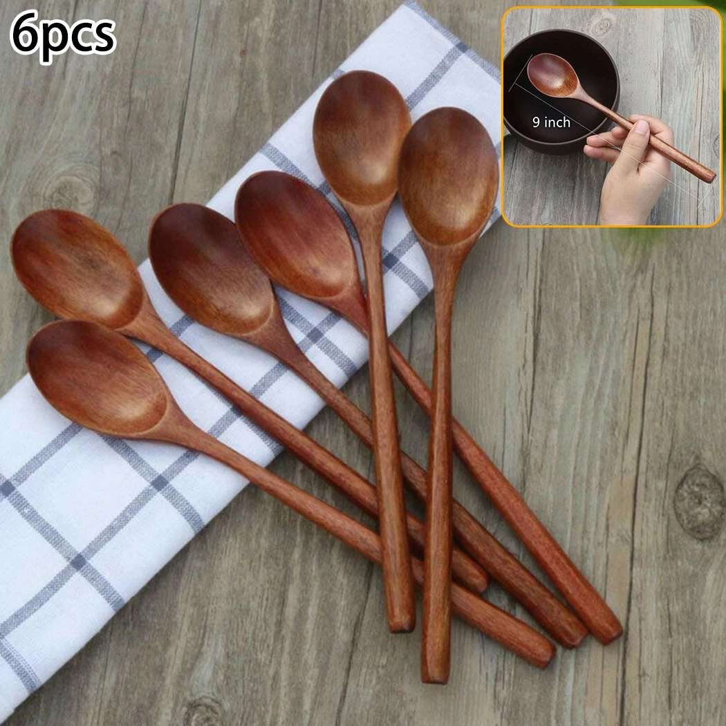 

6PCS Wooden Spoon Kitchen Korean Style Natural Wood Soup Tableware Cooking Honey Coffee Spoon Mixing Spoon Kitchen Tools