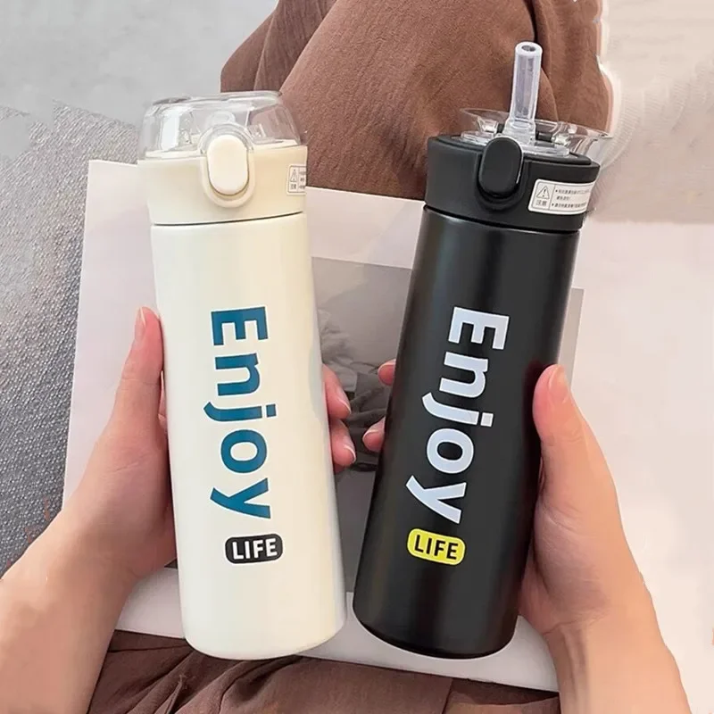 

350ml/500ml Stainless Steel Vacuum Flask With Straw Portable Student Thermos Mug Travel Thermal Water Bottle Freeshipping