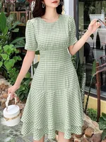 ZANZEA Bohemian Ruffled Plaid Dress Women Short Puff Sleeve Knee-length Sundress 2025 Summer Waisted Printed Beach Party Vestido