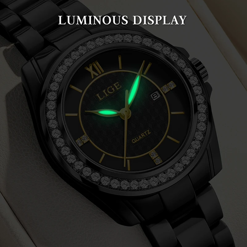 LIGE 2026 New Luxury Black Ceramic Watch Women Fashion Waterproof Luminous Women's Quartz Wristwatch Casual Quartz Chronograph