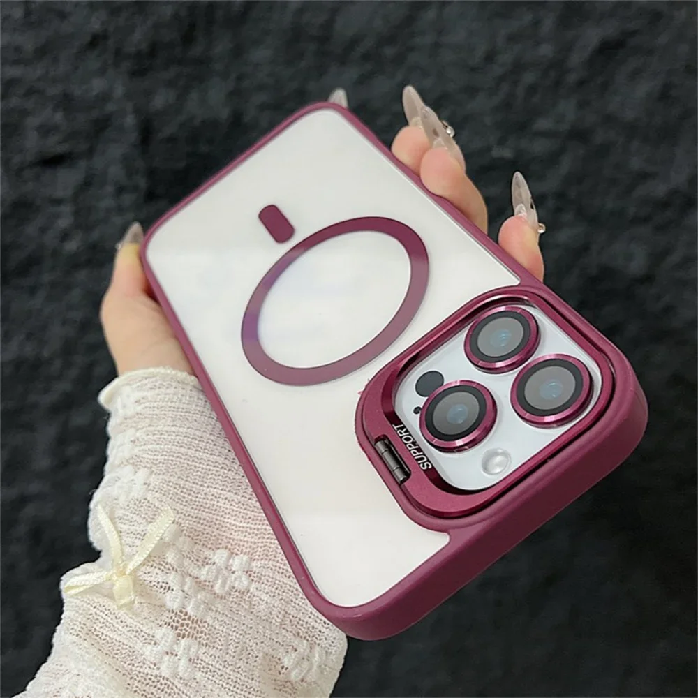 Luxury Magnetic Shockproof Phone Case with Stand and Glass Lens Protector Cover