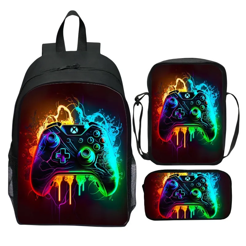 New printed game controller three piece set cartoon elementary school backpack shoulder bag pencil case casual lightweight 1
