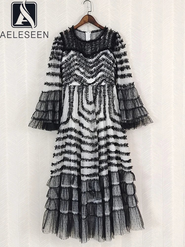 

AELESEEN Autumn Winter Vintage Dress Women Flare Sleeve 3D Ruffles Edible Tree Fungus Gause Black Red Beige Party Retro Prom