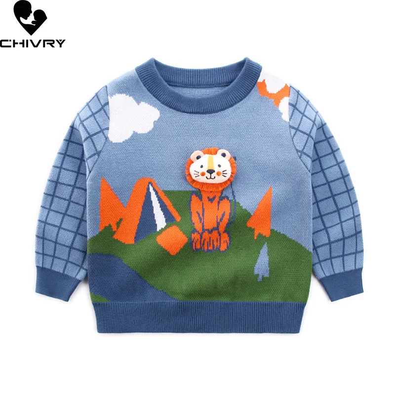 

Baby Boys Autumn Winter Pullover Sweater New 2023 Kids Cartoon Lion Jacquard Round Neck Plaid Long Sleeve Knitted Sweaters Tops