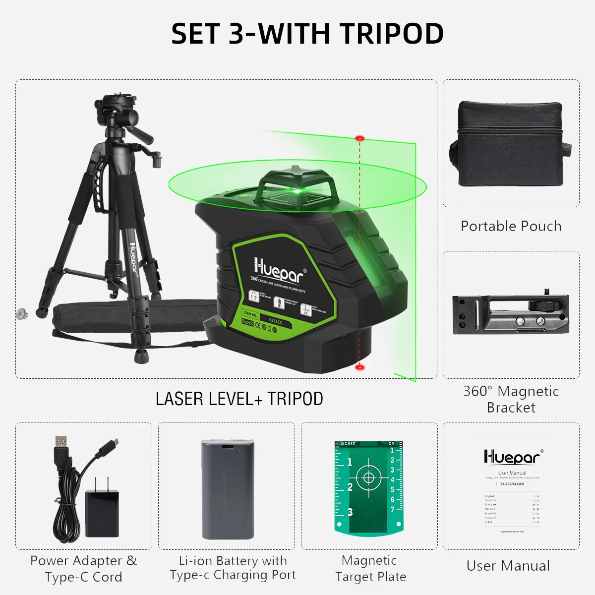 Green Laser Level With 2 Plumb Laser Dots,Self-Leveling 360° Coverage Laser Leve