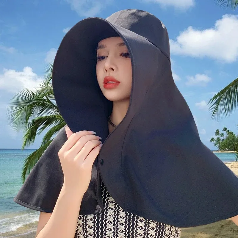 Summer Women Cap Outdoor Uv Anti Neck Protection Sun Visors Hat Fishing Hiking Big Brim Shawl Sunscreen Ponytail Cap Solid Color 4