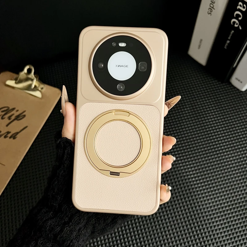 Lychee Texture PU Leather Ultra Thin Magnetic Case with 360° Rotation Ring Stand