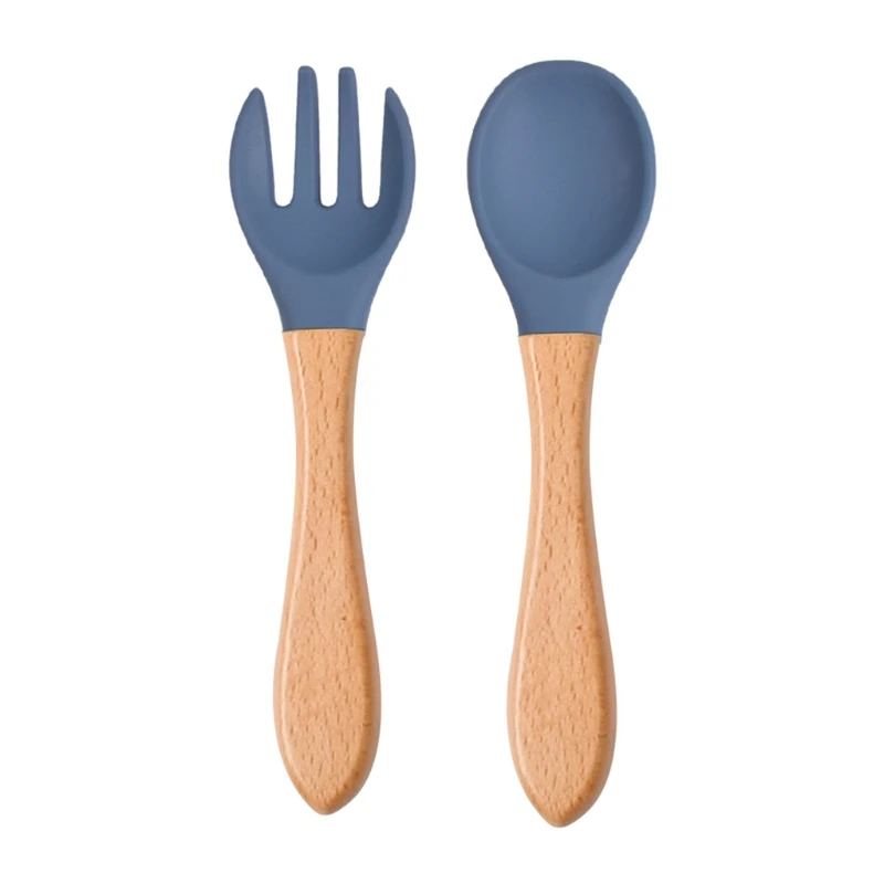 

Baby Silicone Feeding Plate with Matching Wooden Handle Spoon Fork Set Toddlers Kids Divided Non-Slip Bowl Tableware