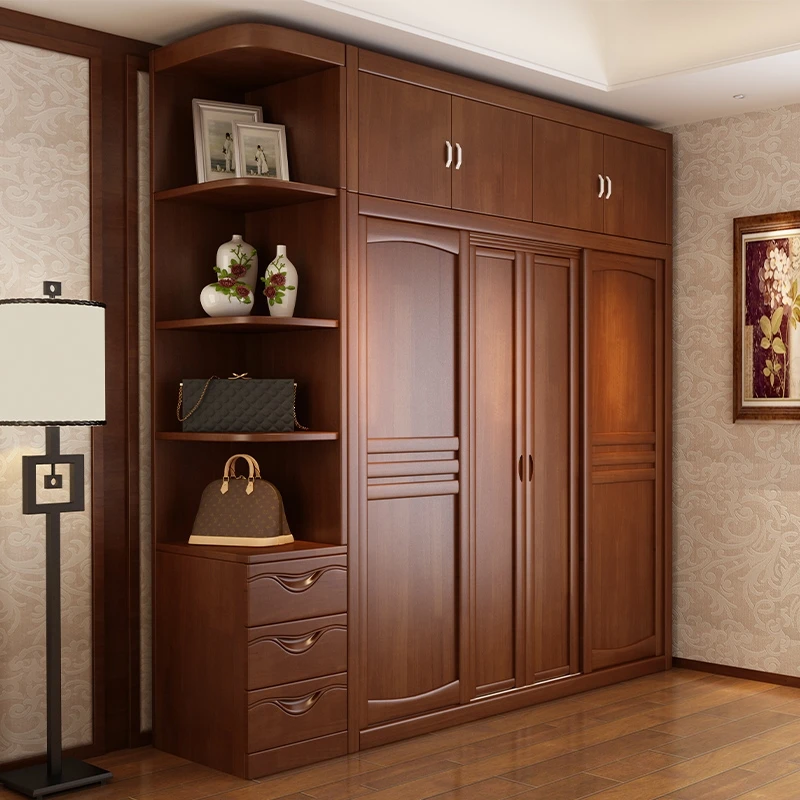 

Chinese style all solid wood sliding door wardrobe overall combination of four door storage cabinet bedroom home log wardrobe