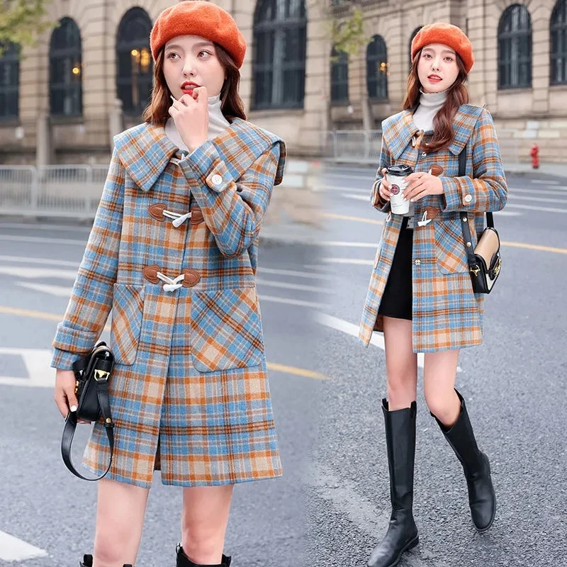 

Plaid Blend Woolen Coat For Women 2022 New Autumn Winter Thicken Cashmere Woole Jacket Female Horn Buckle Long Outwear F60