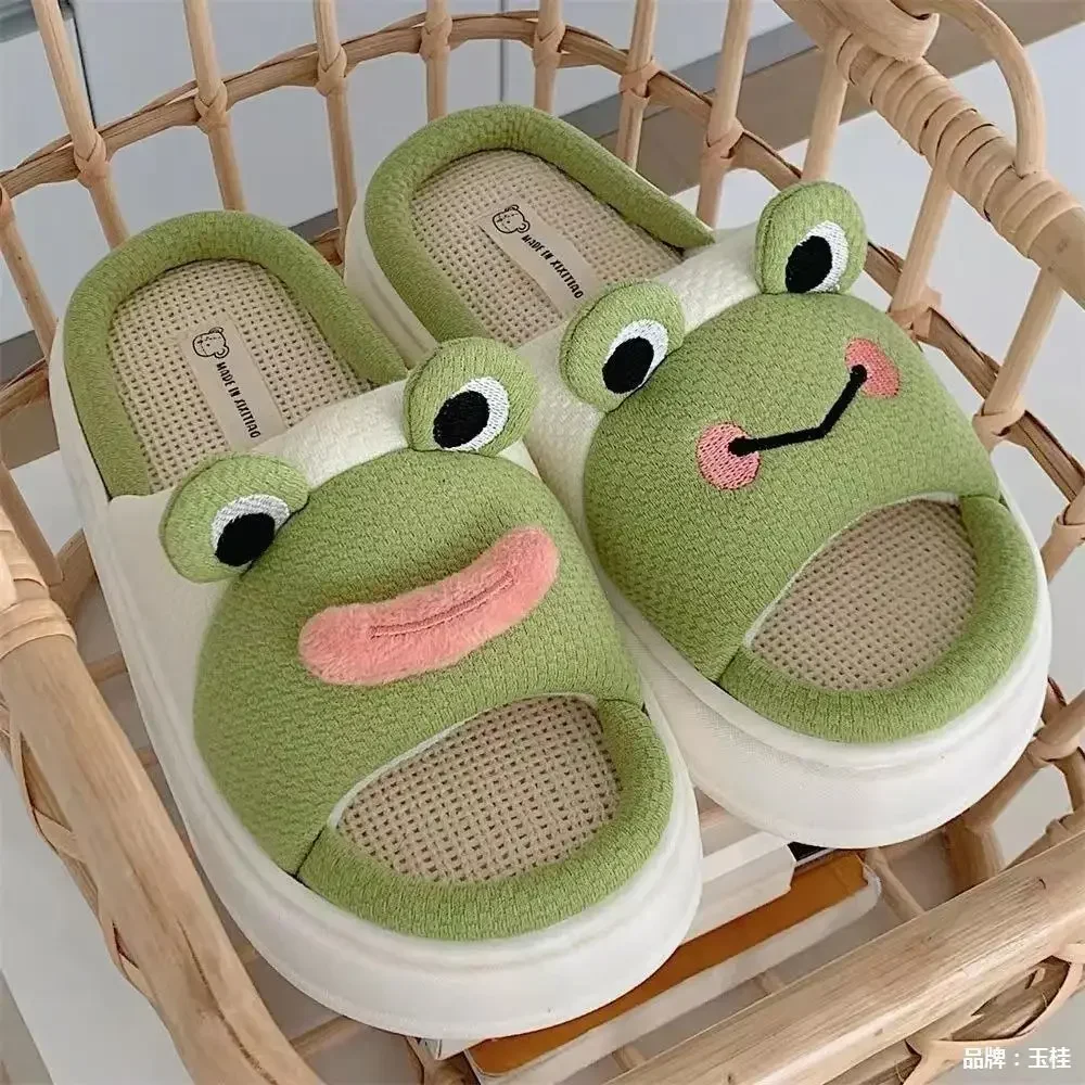 Cute Cartoon Frog Home Linen Platform Slippers for Four Seasons Indoor Green Anti Slip Thick Sole Wear-resistant Cool Slippers