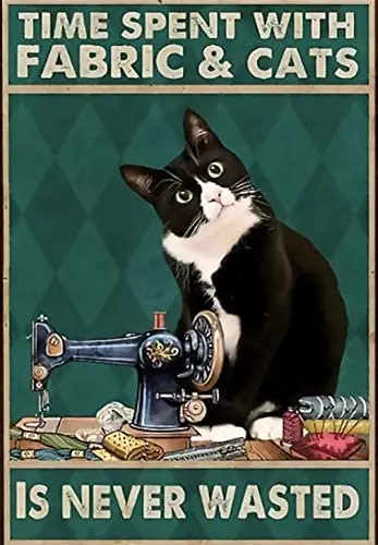 

ZMKDLL Sewing is Never Wasted Black Cat Retro Metal Tin Sign 8x12 Inch