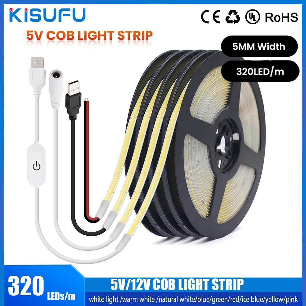 5V/12V COB LED Strip Light PCB 5mm Touch Dimmer/USB/DC 320LEDs/m Adhesive High Density Flexible LED Tape Light For Room Decor