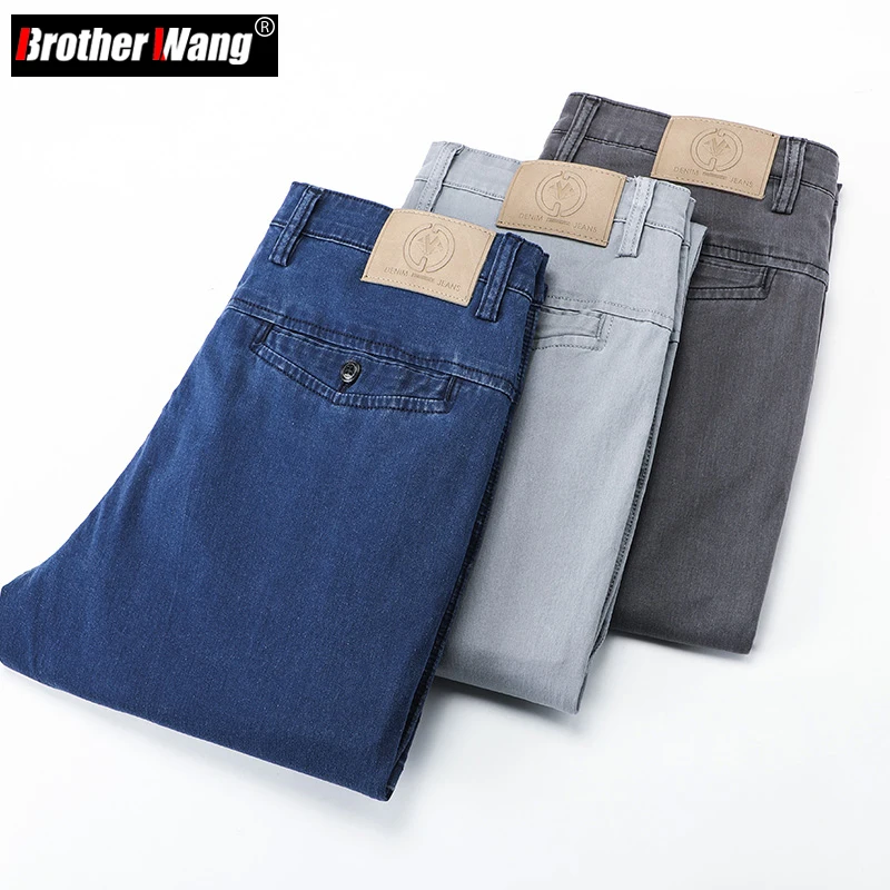 Summer Men's Thin Straight-Leg Jeans Business Fashion Stretch Soft Cotton Loose Denim Pants Male Brand Light Gray Dark Gray Blue