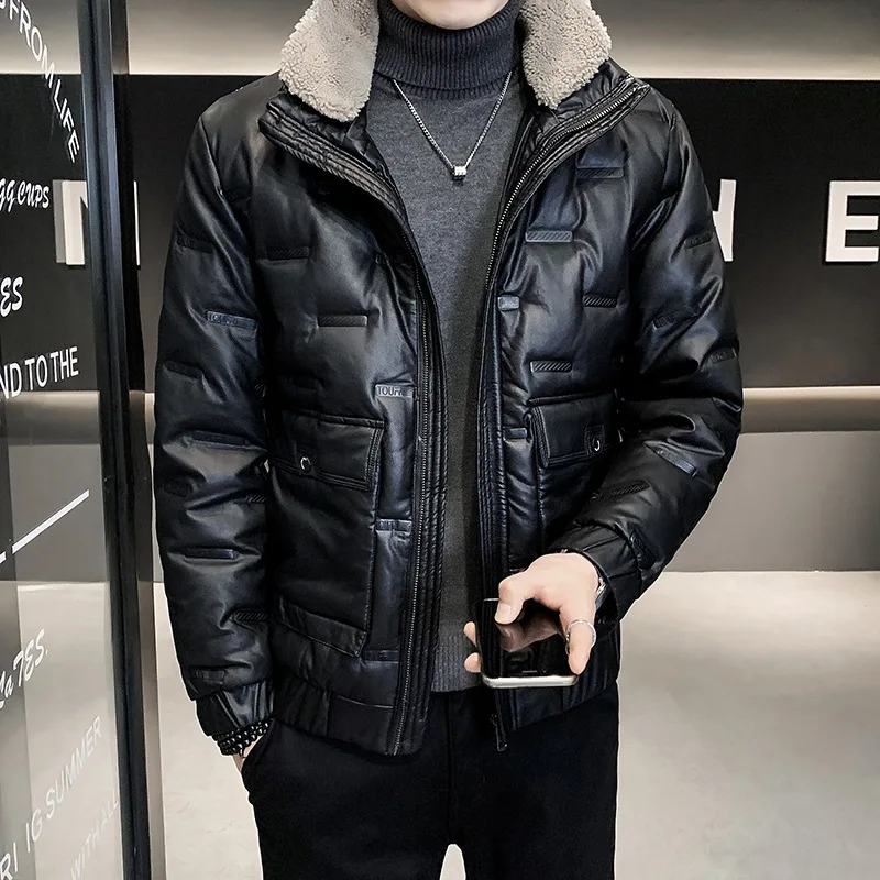 2023 Winter New Leather Down Jacket Men's Slim Standing Collar Thickened Warm Black Coat Winter Jacket Men  Coat Men Winter