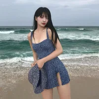 Sexy Korean Blue Swimwear Woman One Piece Swimsuits Dress Female Bandeau Monokini Bathing Swimming for Women Bathers 2024 New